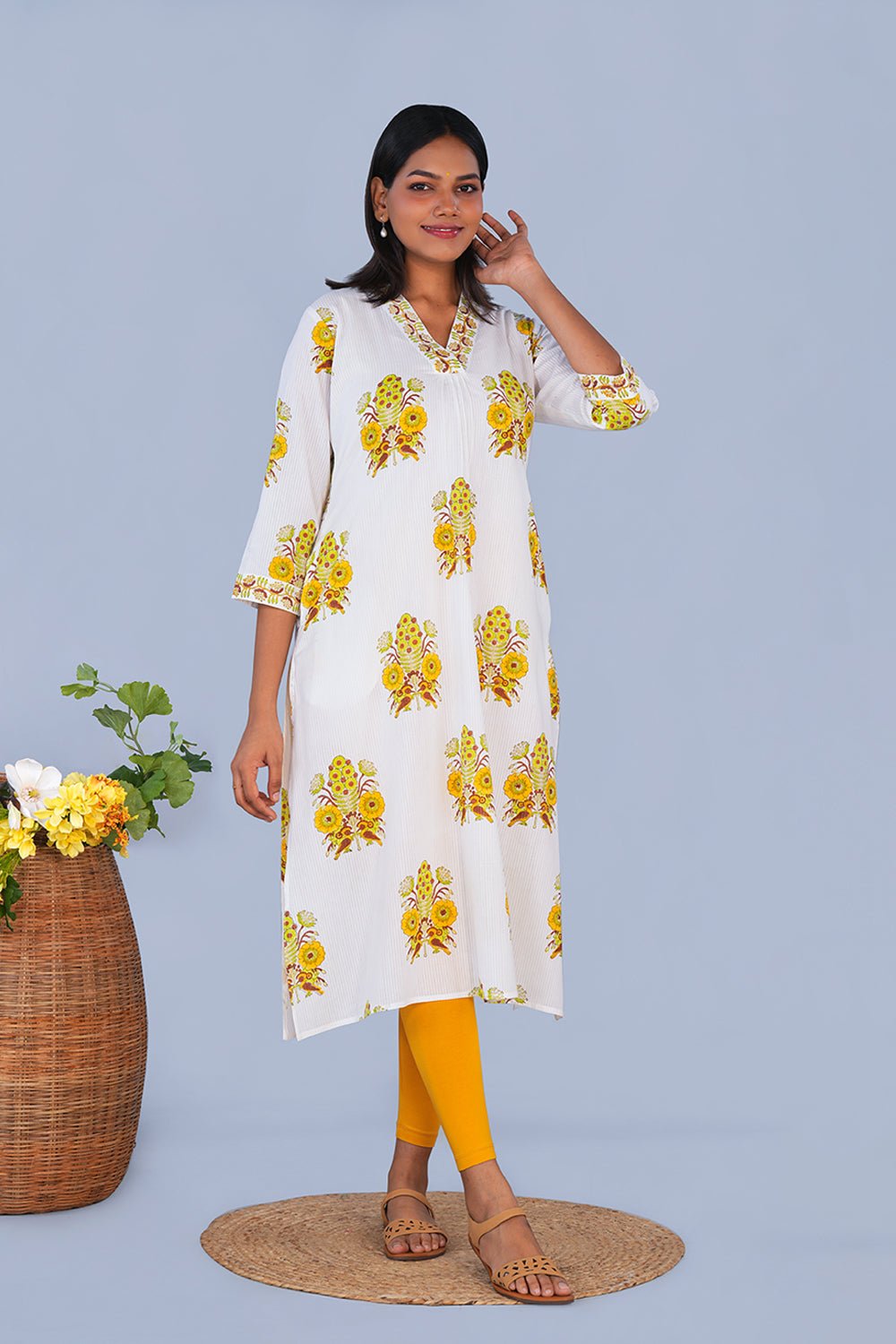 Image of Lemon Yellow block printed cotton Kurta
