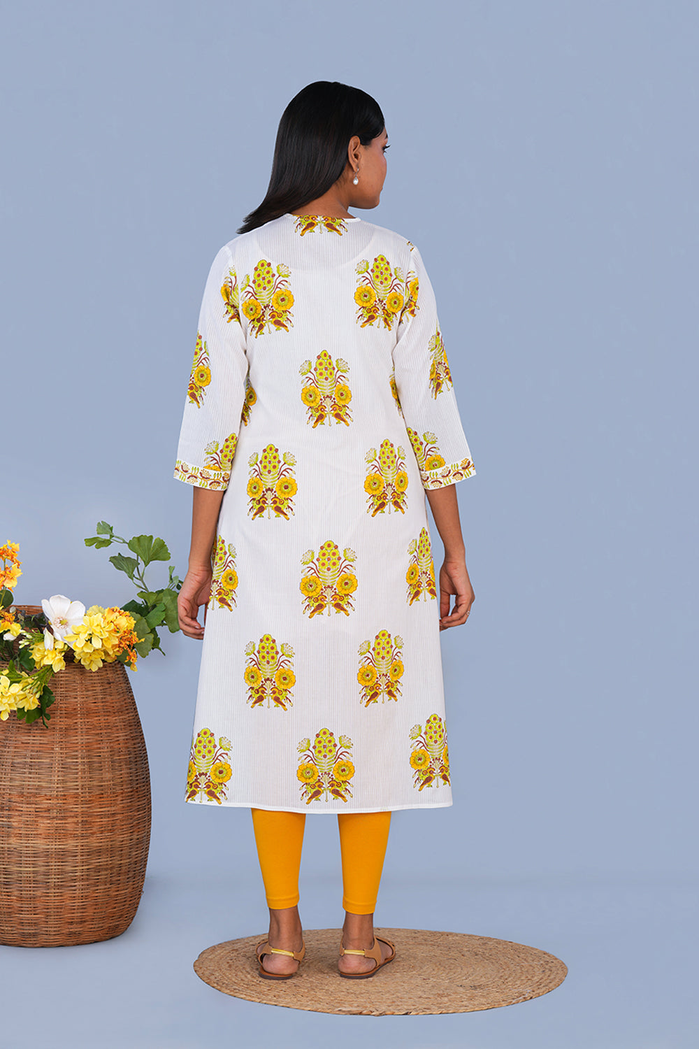 Image of Lemon Yellow block printed cotton Kurta