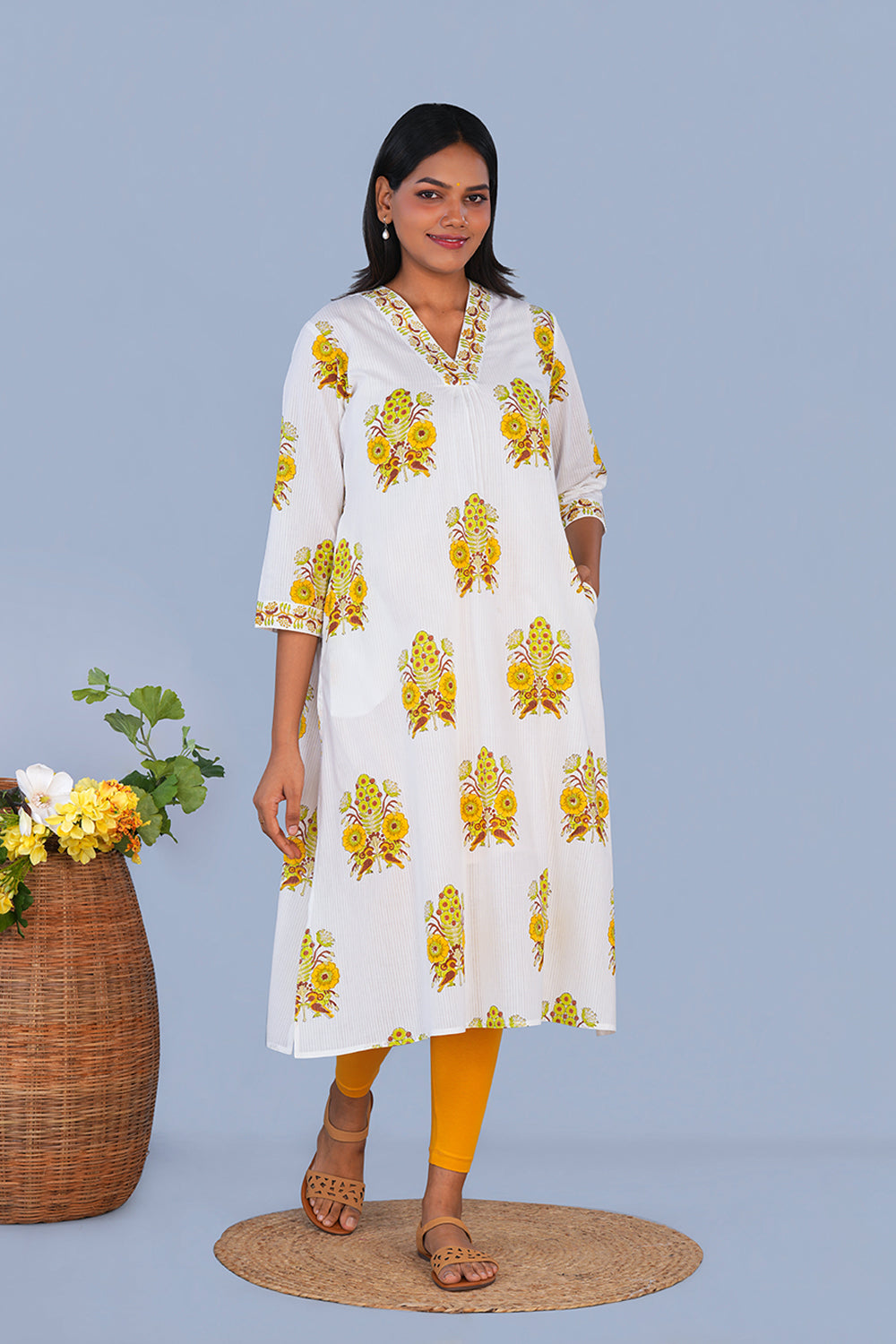Image of Lemon Yellow block printed cotton Kurta