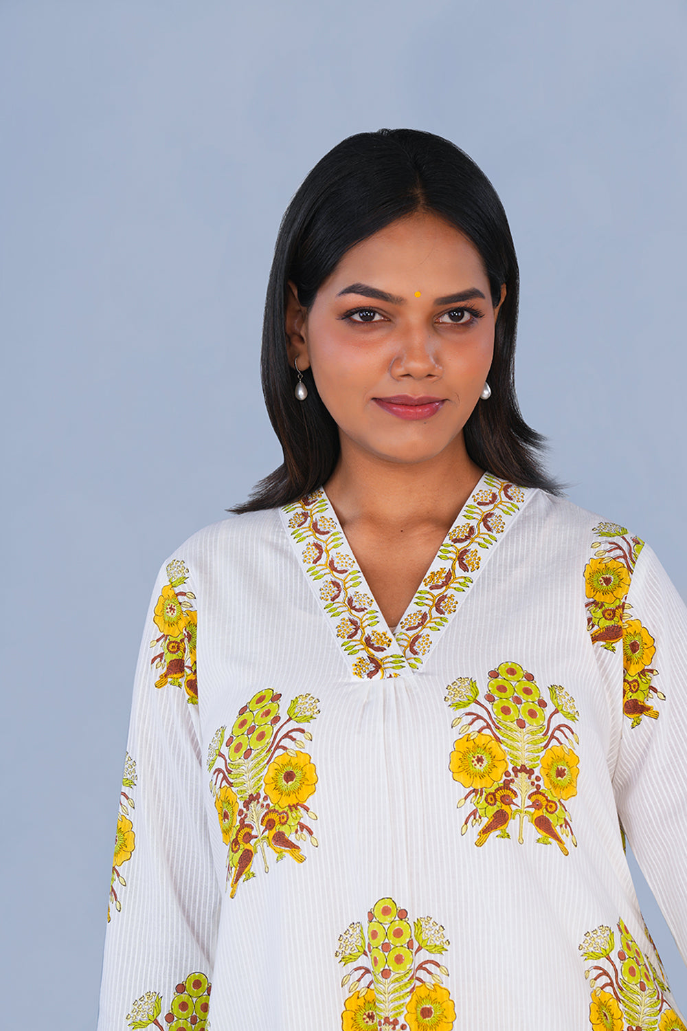Image of Lemon Yellow block printed cotton Kurta