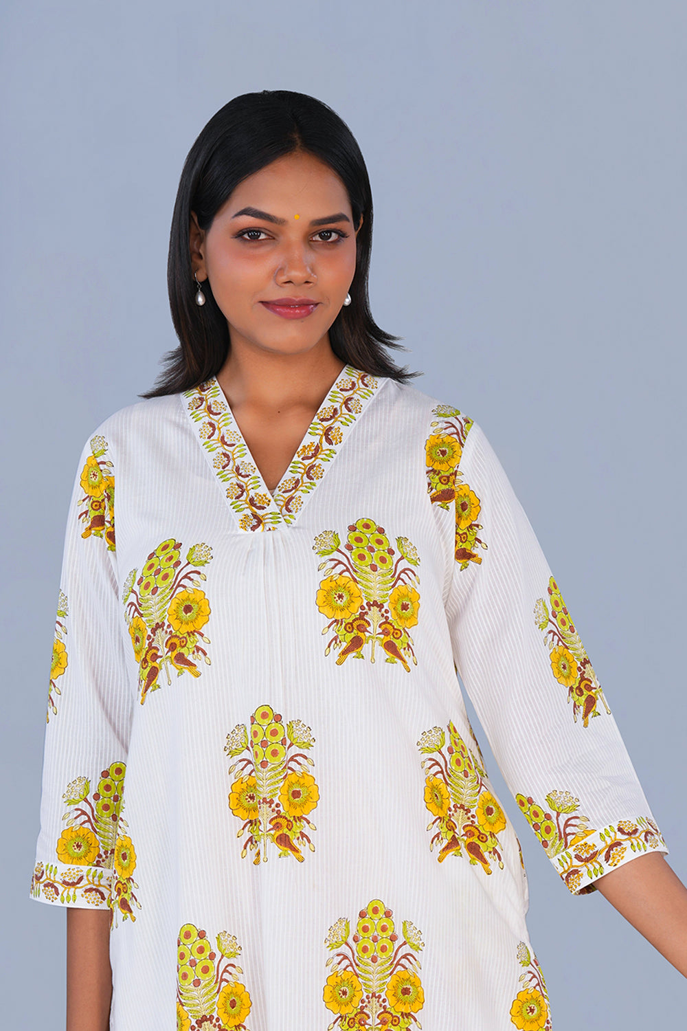 Image of Lemon Yellow block printed cotton Kurta