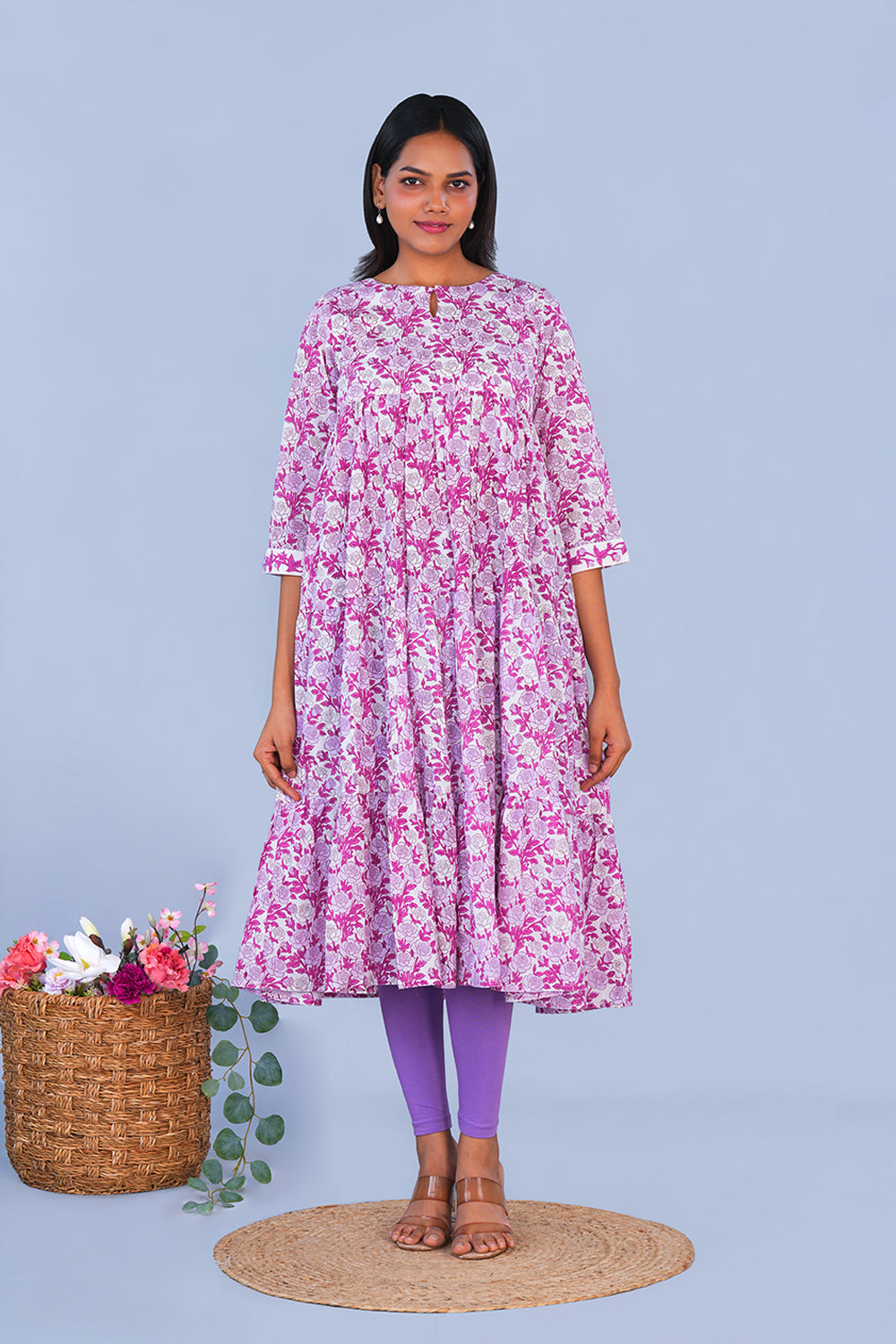 Image of Purple Rose Floral block printed cotton Kurta