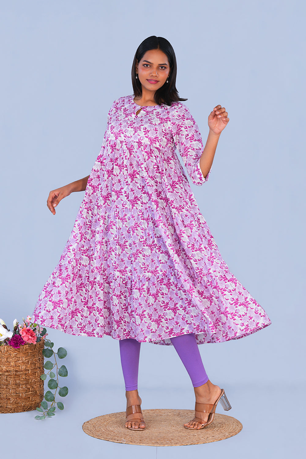 Image of Purple Rose Floral block printed cotton Kurta