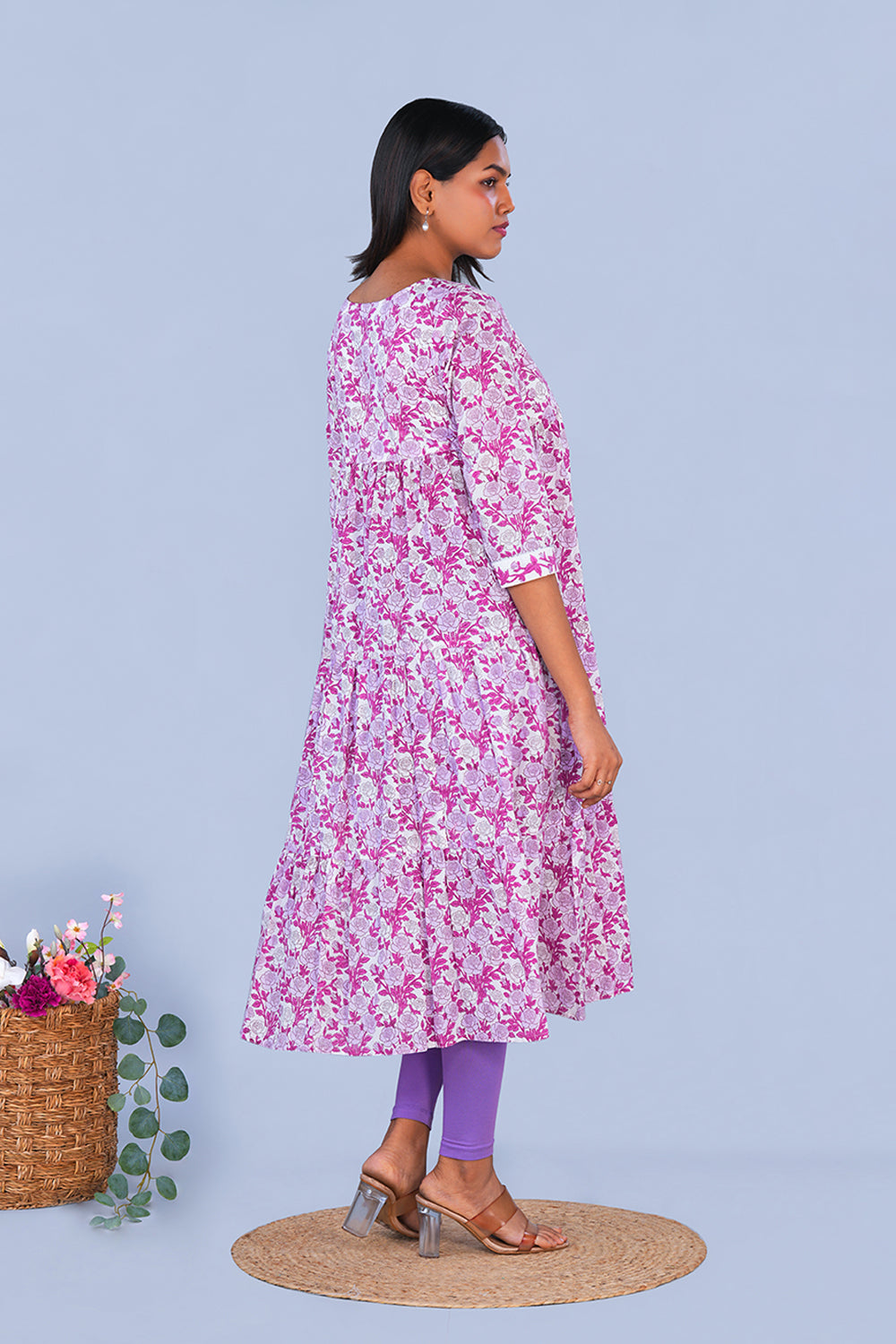 Image of Purple Rose Floral block printed cotton Kurta