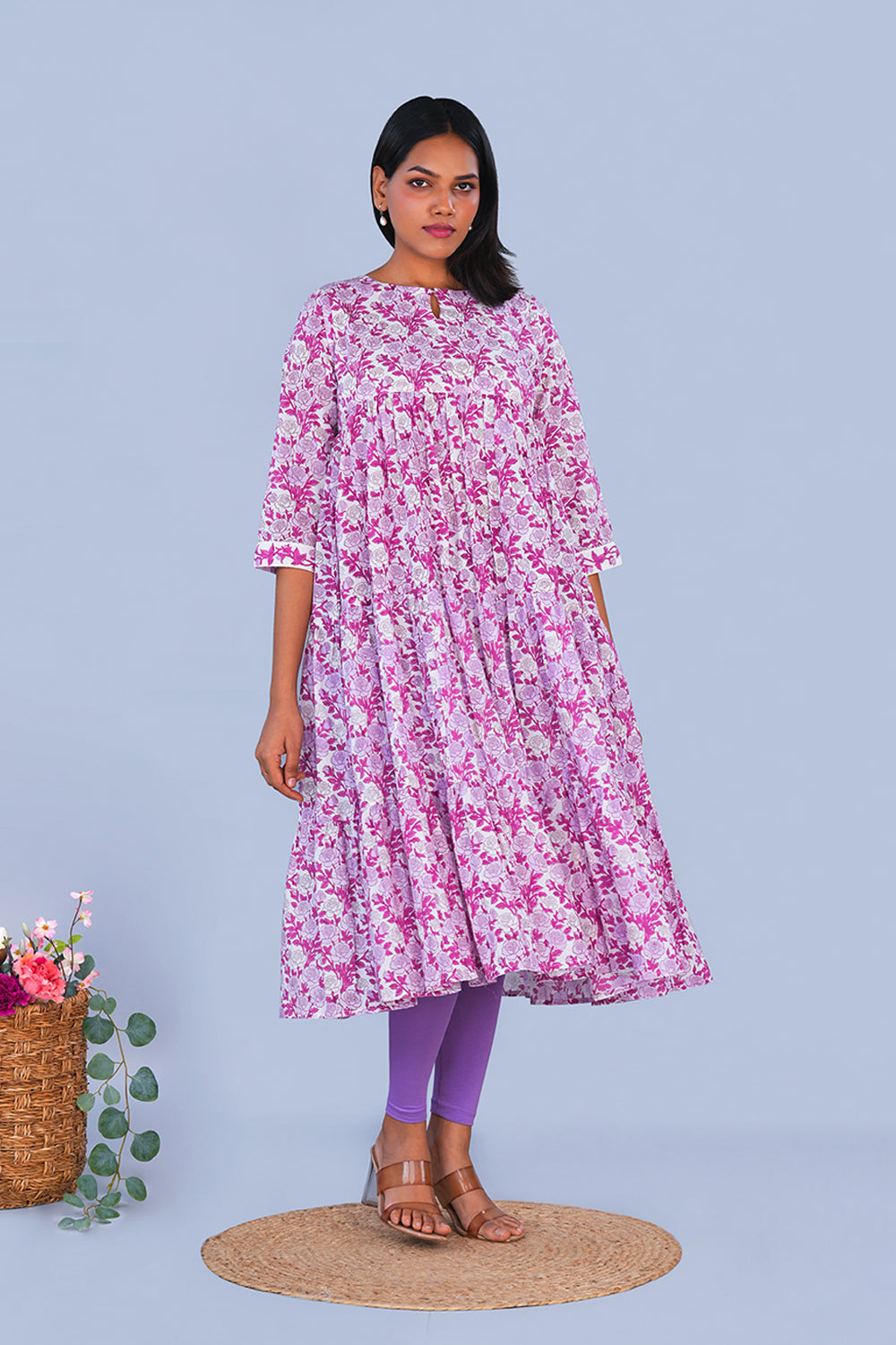 Image of Purple Rose Floral block printed cotton Kurta