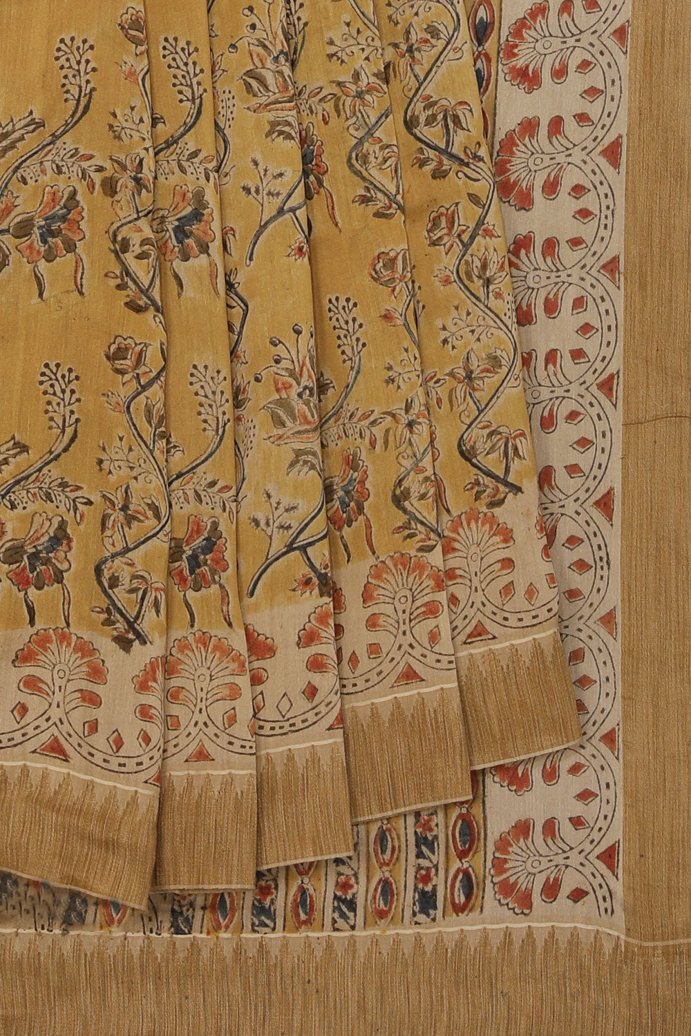 Collection of Mustard  Kalamkari Chanderi Saree in a gallery layout