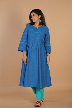 Image of Thread embroidered deep blue cotton woven kurta