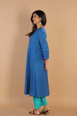 Image of Thread embroidered deep blue cotton woven kurta