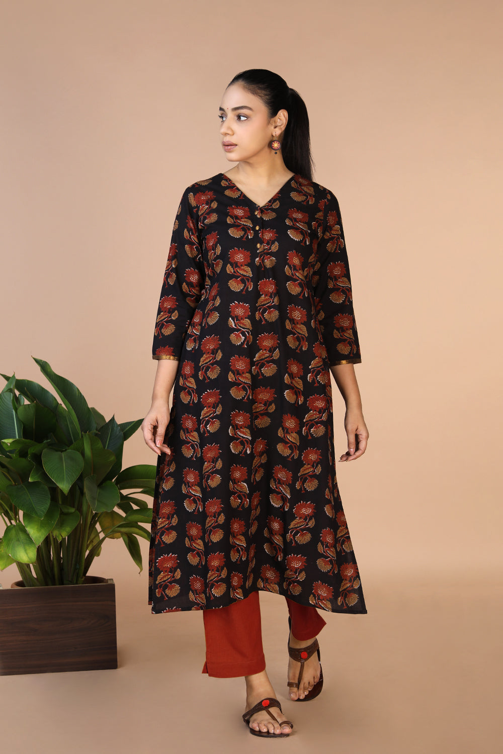 Collection of Deep Black Bagru Handblock printed Kurti in a gallery layout