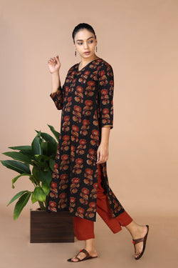 Collection of Deep Black Bagru Handblock printed Kurti in a gallery layout