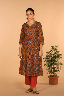 Collection of Cotton Bagru princess line kurti in a gallery layout