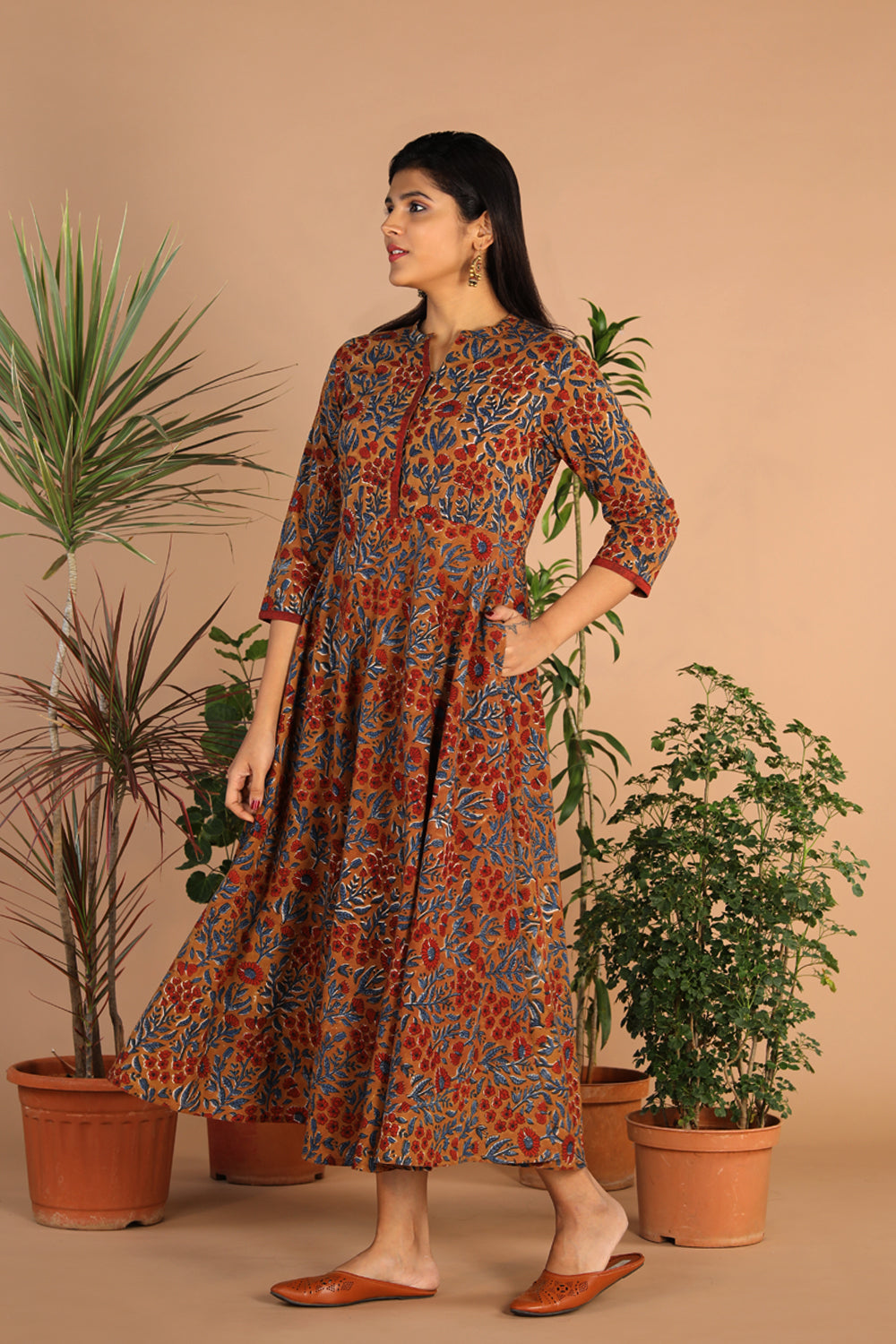 Collection of Cotton long handblock printed Bagru dress in a gallery layout