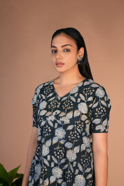 Image of Indigo green Bagru cotton handblock printed dress