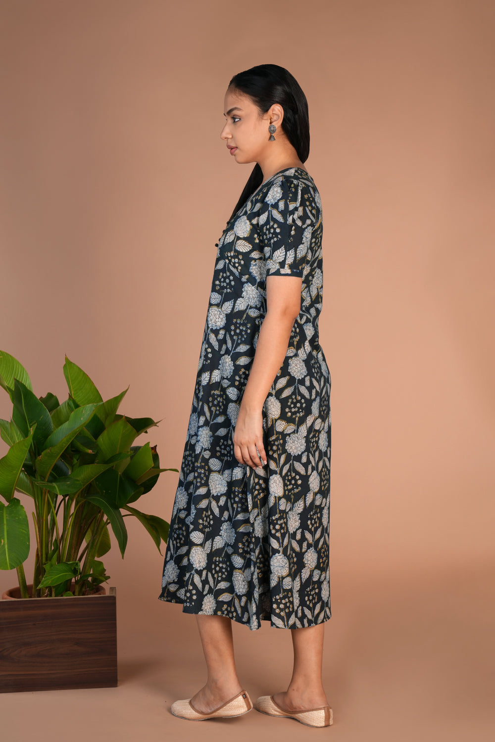 Indigo green Bagru cotton handblock printed dress