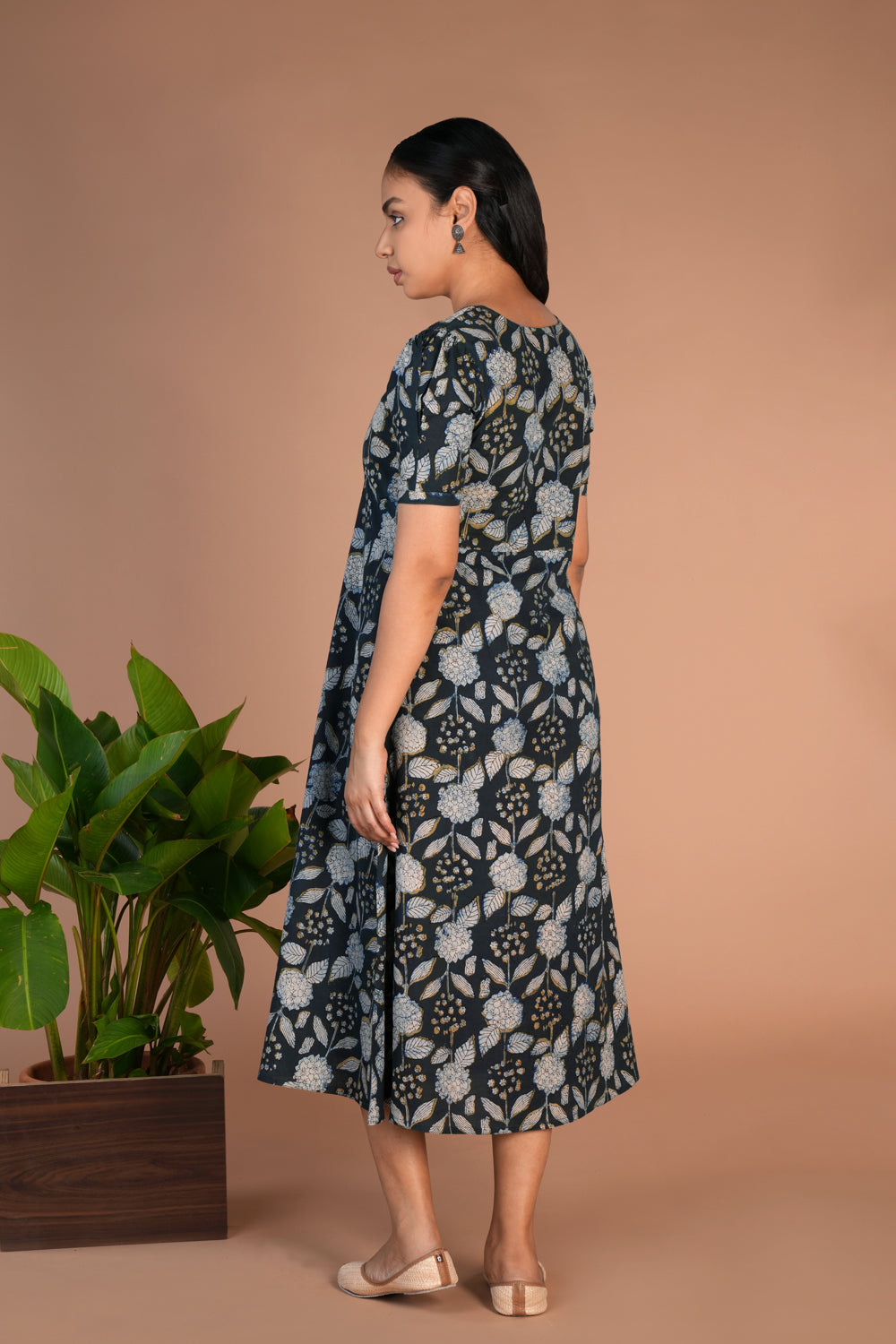 Indigo green Bagru cotton handblock printed dress