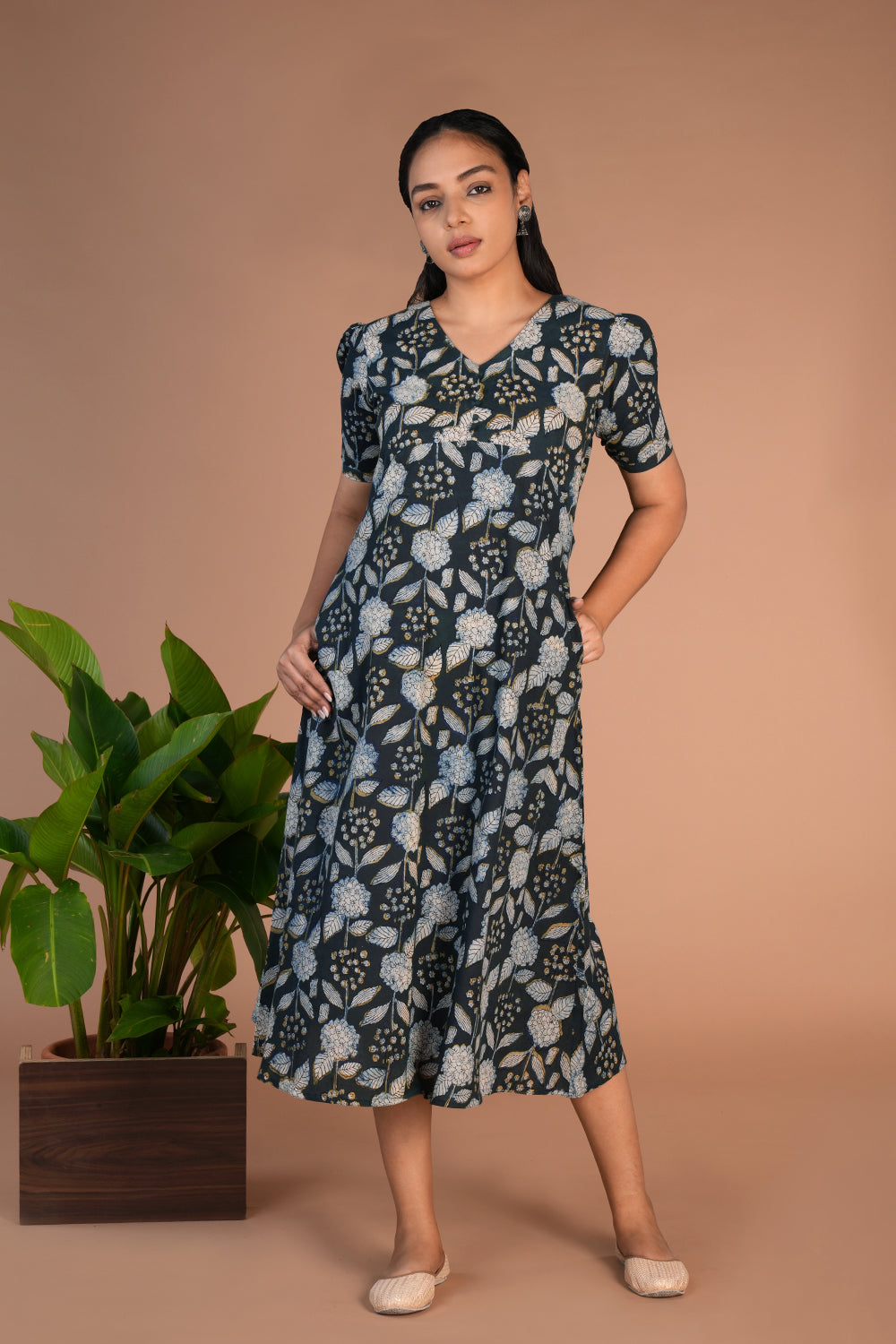 Indigo green Bagru cotton handblock printed dress