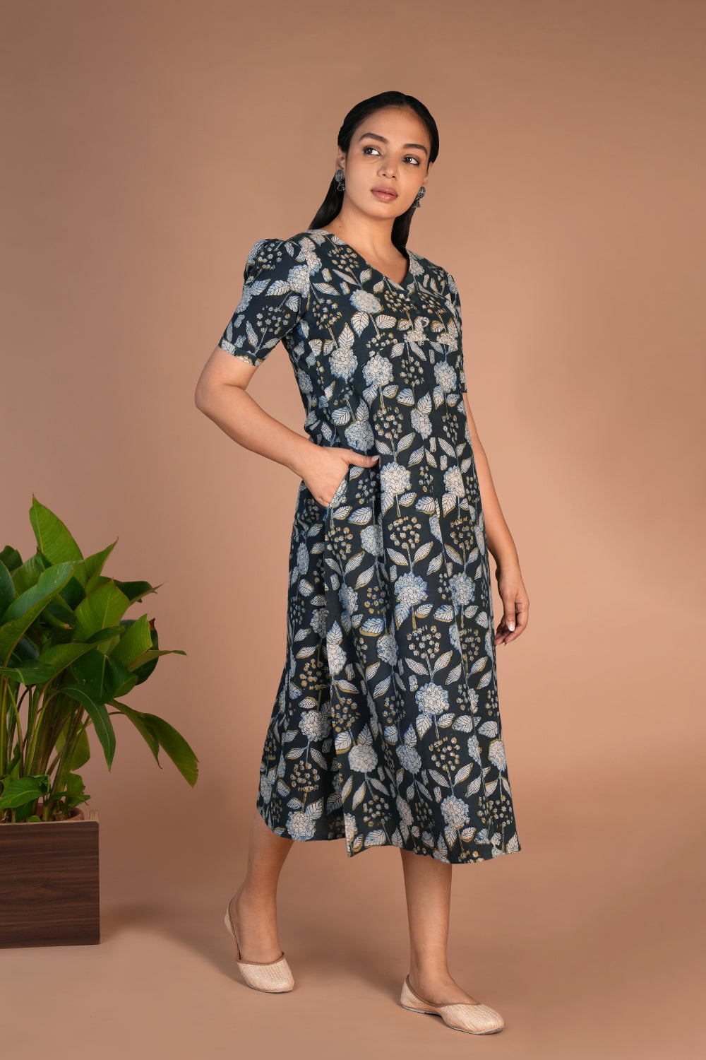 Indigo green Bagru cotton handblock printed dress