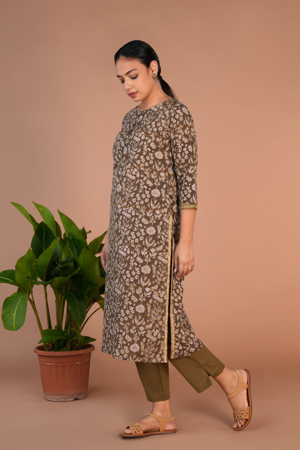 Olive green Bagru cotton handblock printed kurta