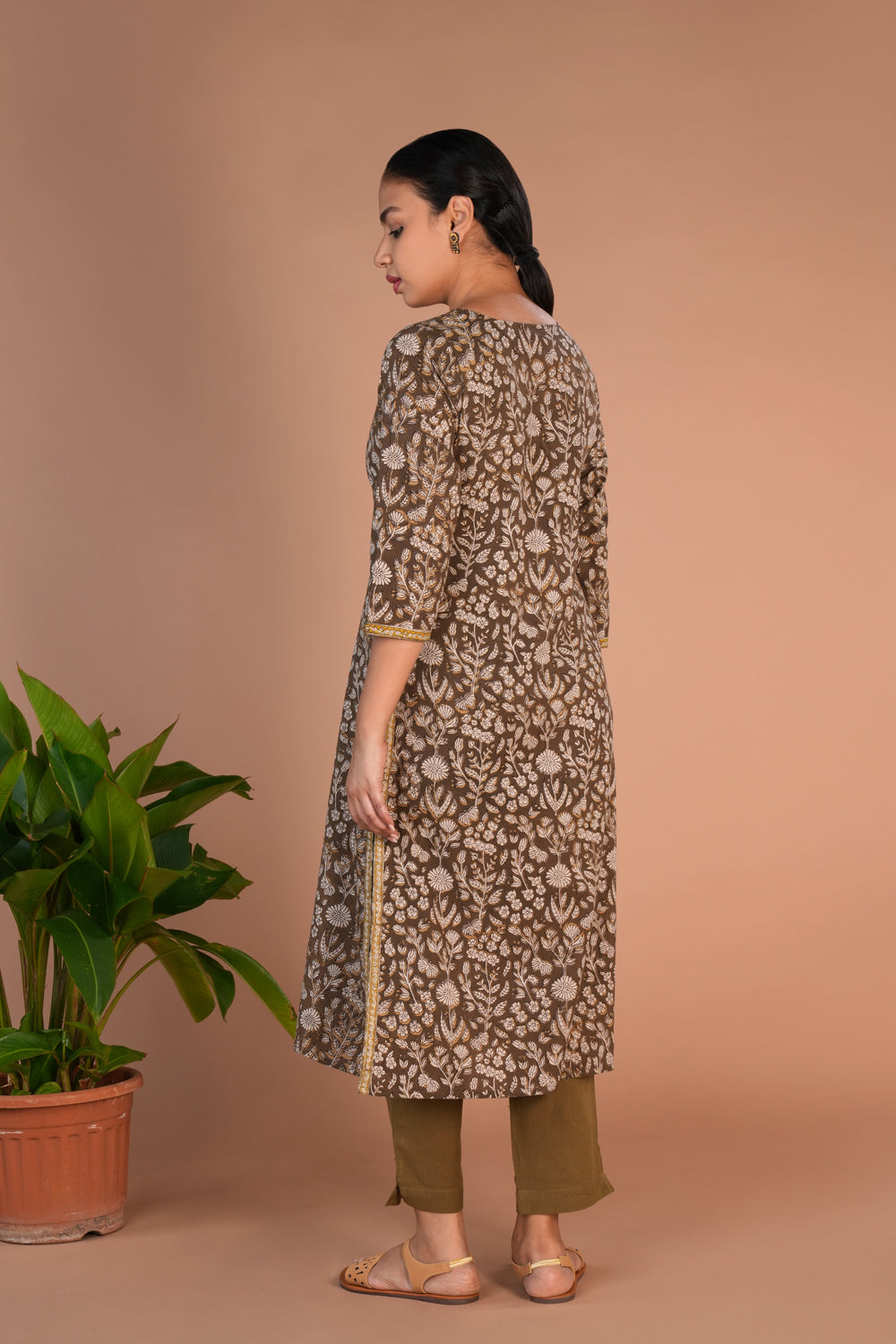 Olive green Bagru cotton handblock printed kurta