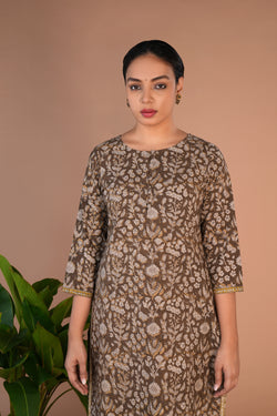 Image of Olive green Bagru cotton handblock printed kurta