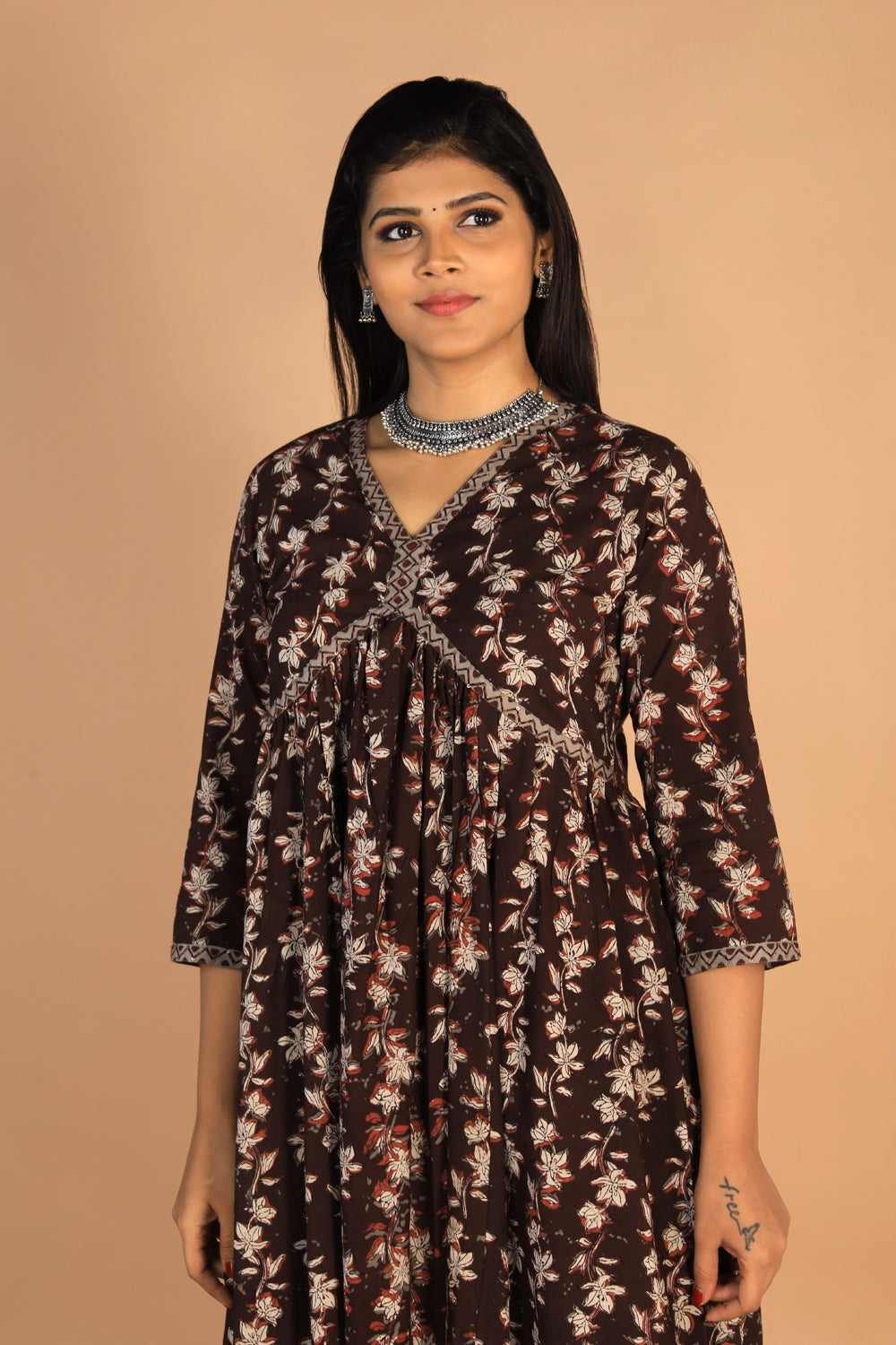 Collection of Deep bark brown Cotton Bagru dress in a gallery layout