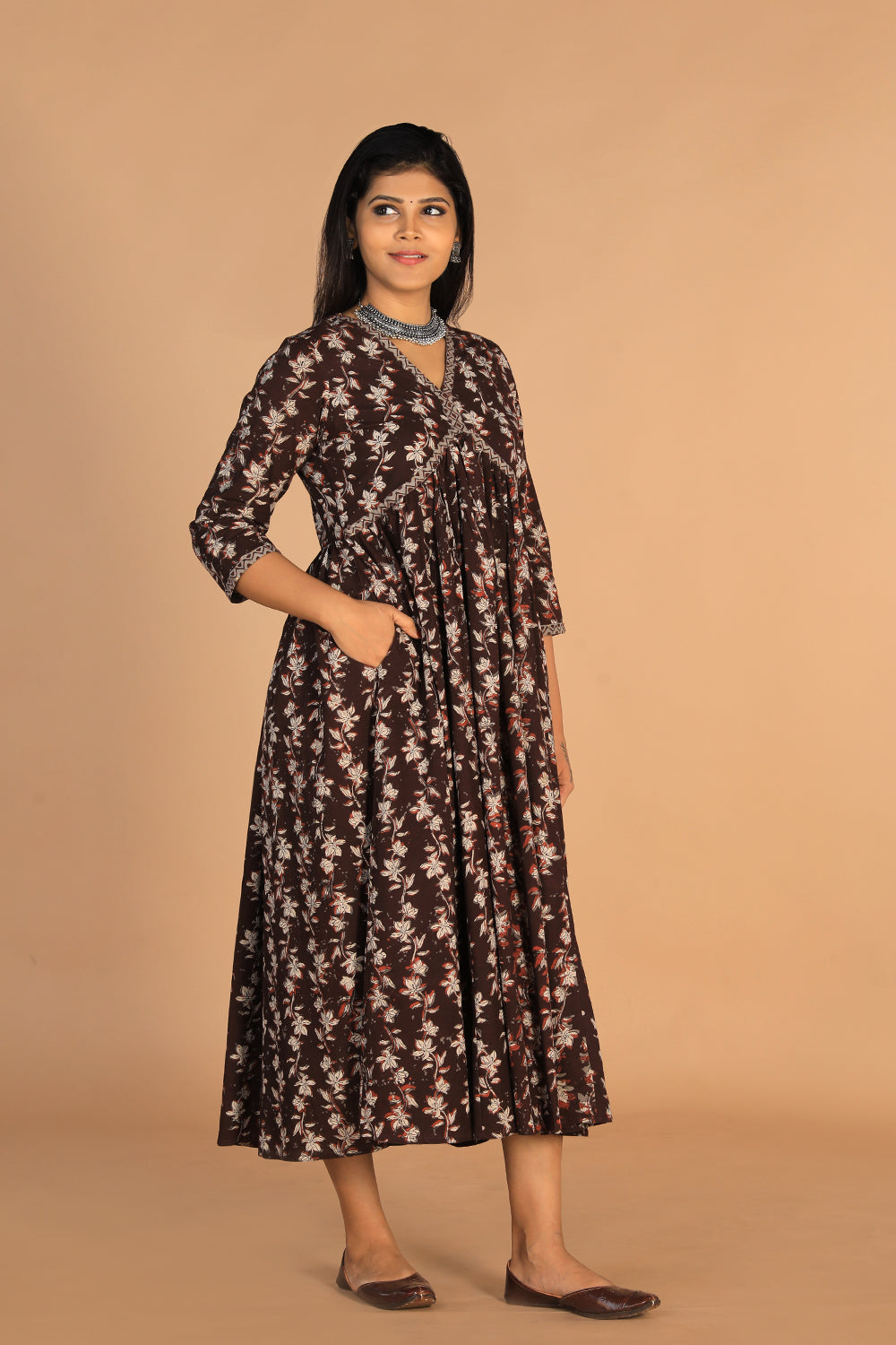 Collection of Deep bark brown Cotton Bagru dress in a gallery layout