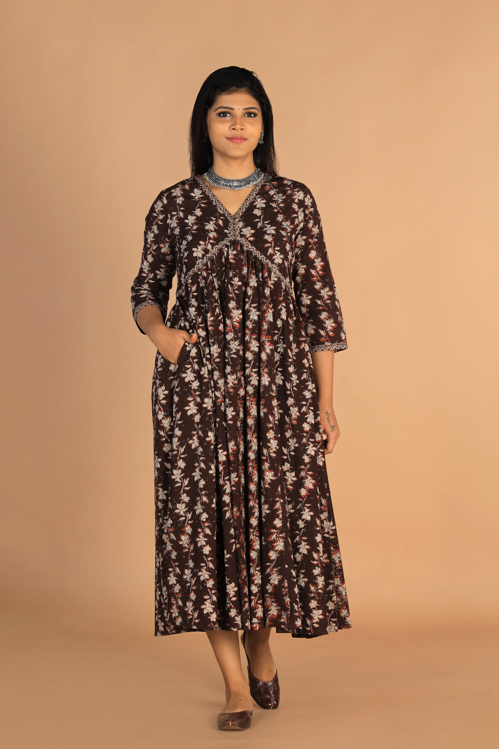 Collection of Deep bark brown Cotton Bagru dress in a gallery layout