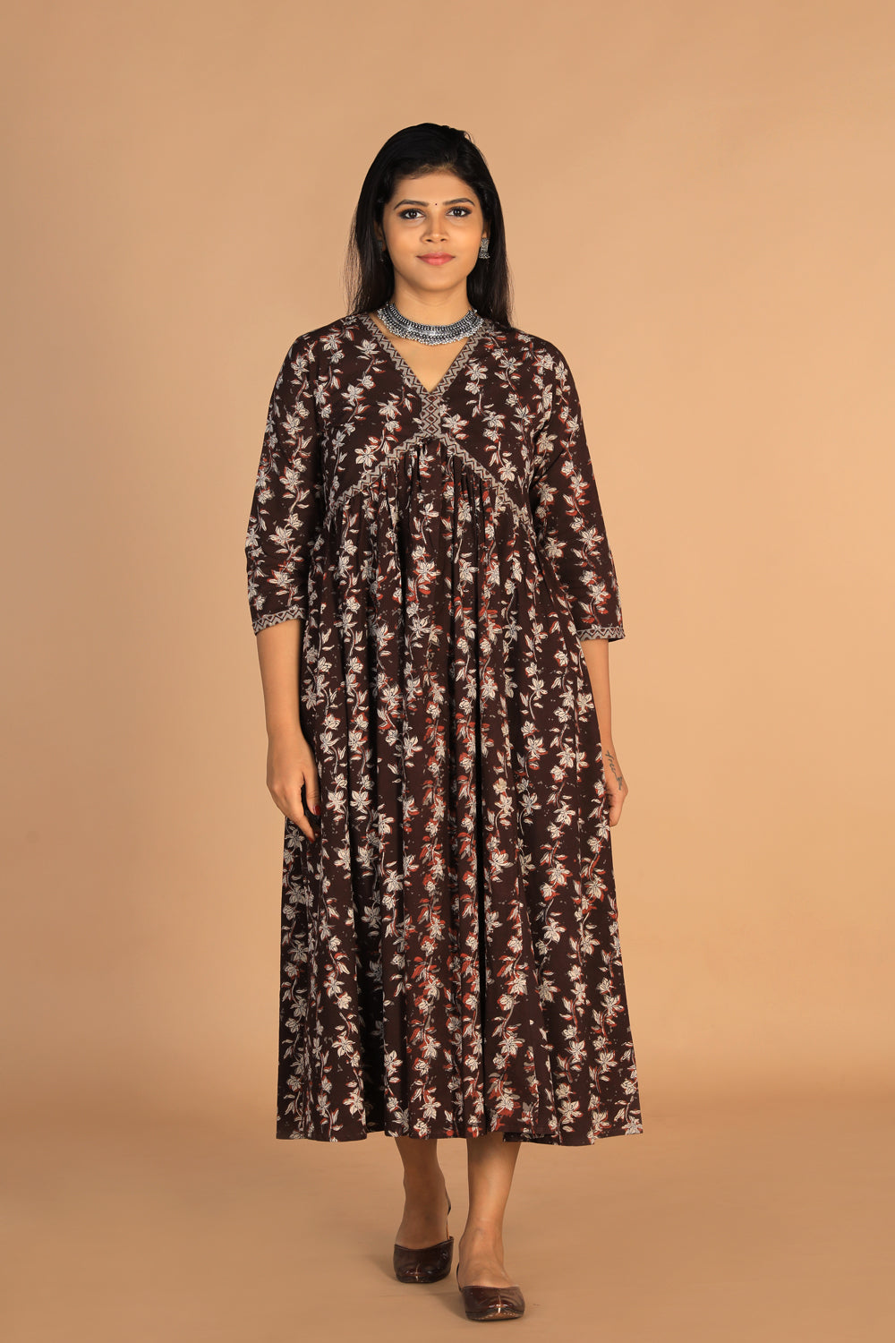 Collection of Deep bark brown Cotton Bagru dress in a gallery layout