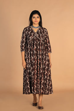 Collection of Deep bark brown Cotton Bagru dress in a gallery layout