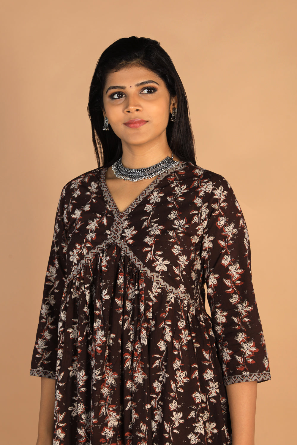 Collection of Deep bark brown Cotton Bagru dress in a gallery layout