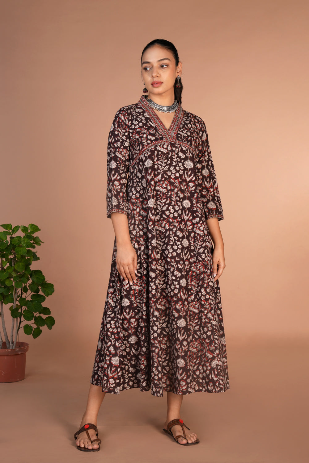 Dark chocolate brown Bagru cotton handblock printed dress