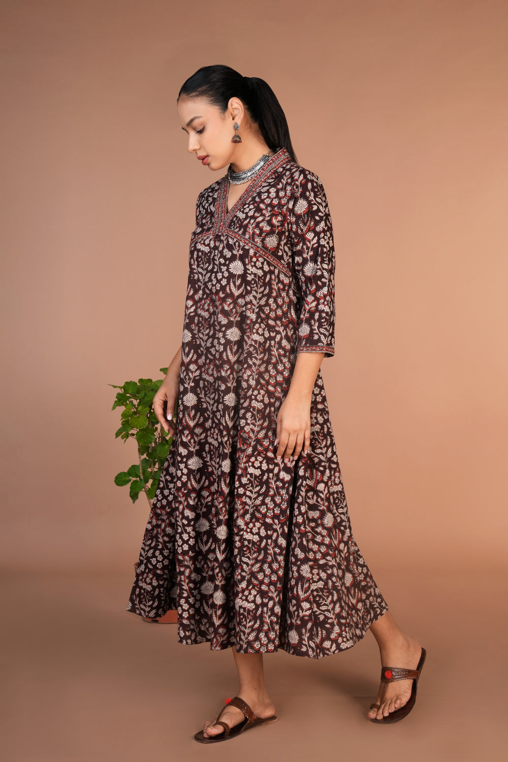 Dark chocolate brown Bagru cotton handblock printed dress