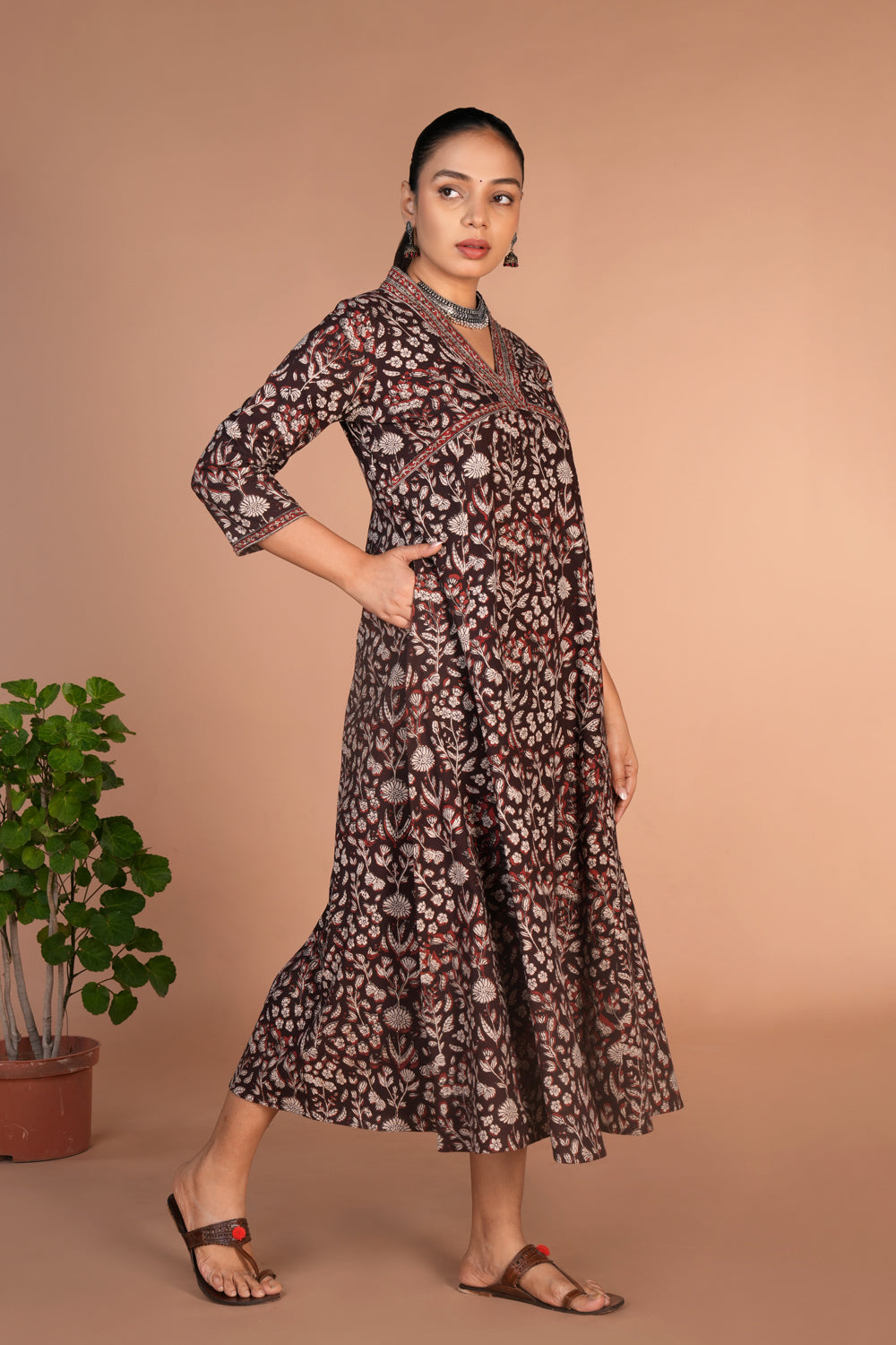 Dark chocolate brown Bagru cotton handblock printed dress