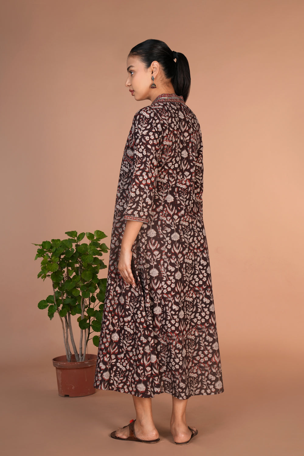 Dark chocolate brown Bagru cotton handblock printed dress