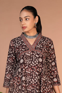 Image of Dark chocolate brown Bagru cotton handblock printed dress