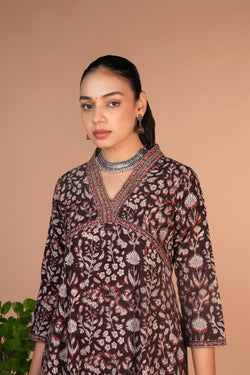 Image of Dark chocolate brown Bagru cotton handblock printed dress