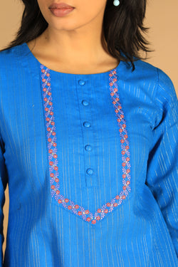 Collection of Azure blue embroidered cotton Kurti in a gallery layout