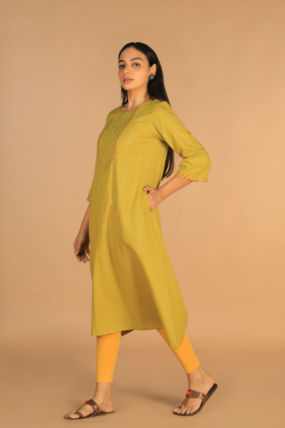 Collection of Pear green embroidered cotton Kurti in a gallery layout