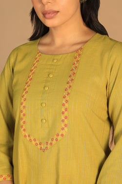 Collection of Pear green embroidered cotton Kurti in a gallery layout