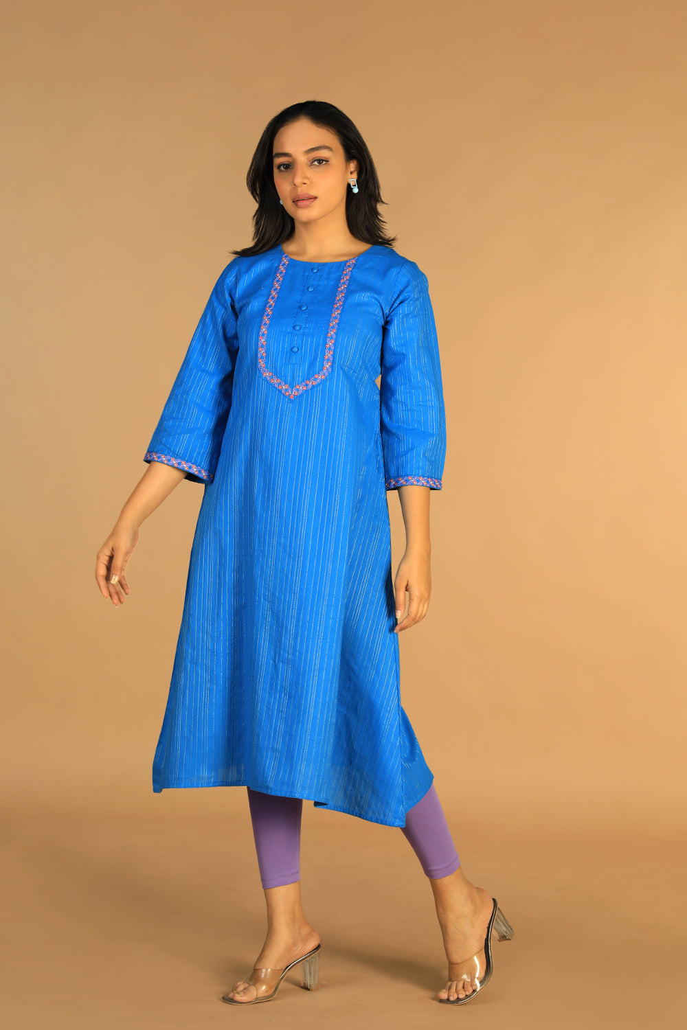 Collection of Azure blue embroidered cotton Kurti in a gallery layout