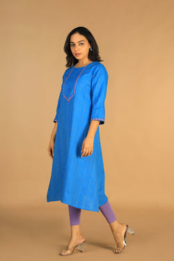 Collection of Azure blue embroidered cotton Kurti in a gallery layout