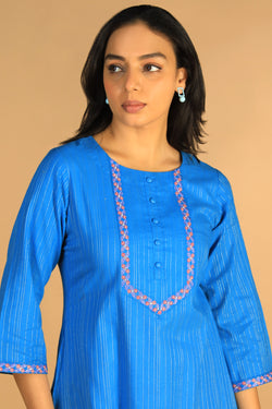 Collection of Azure blue embroidered cotton Kurti in a gallery layout