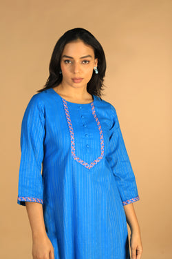 Collection of Azure blue embroidered cotton Kurti in a gallery layout