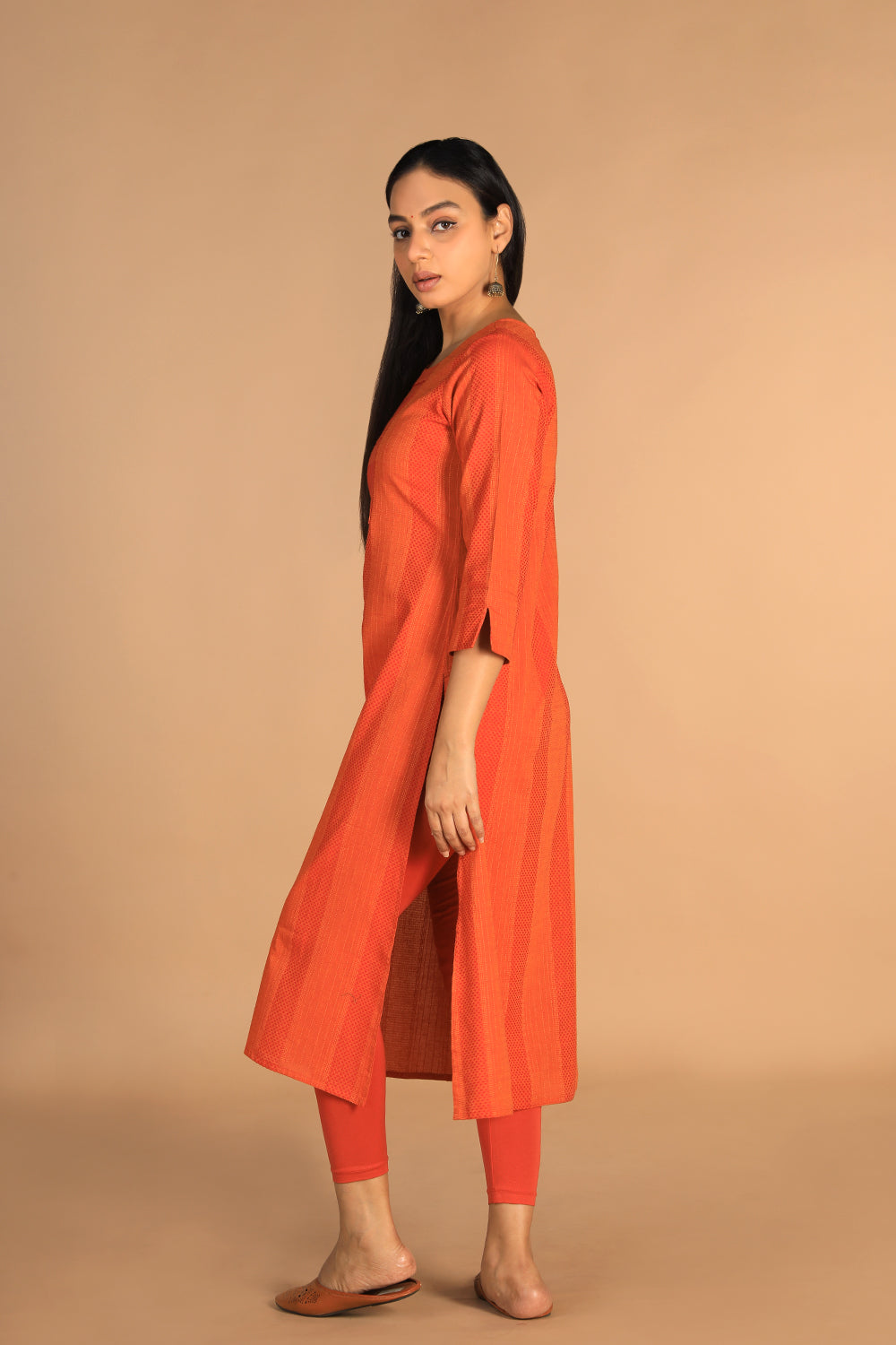 Image of Marigold orange woven cotton kurti