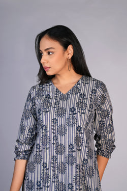 Image of Grey Blue Kalamkari handblock printed dress