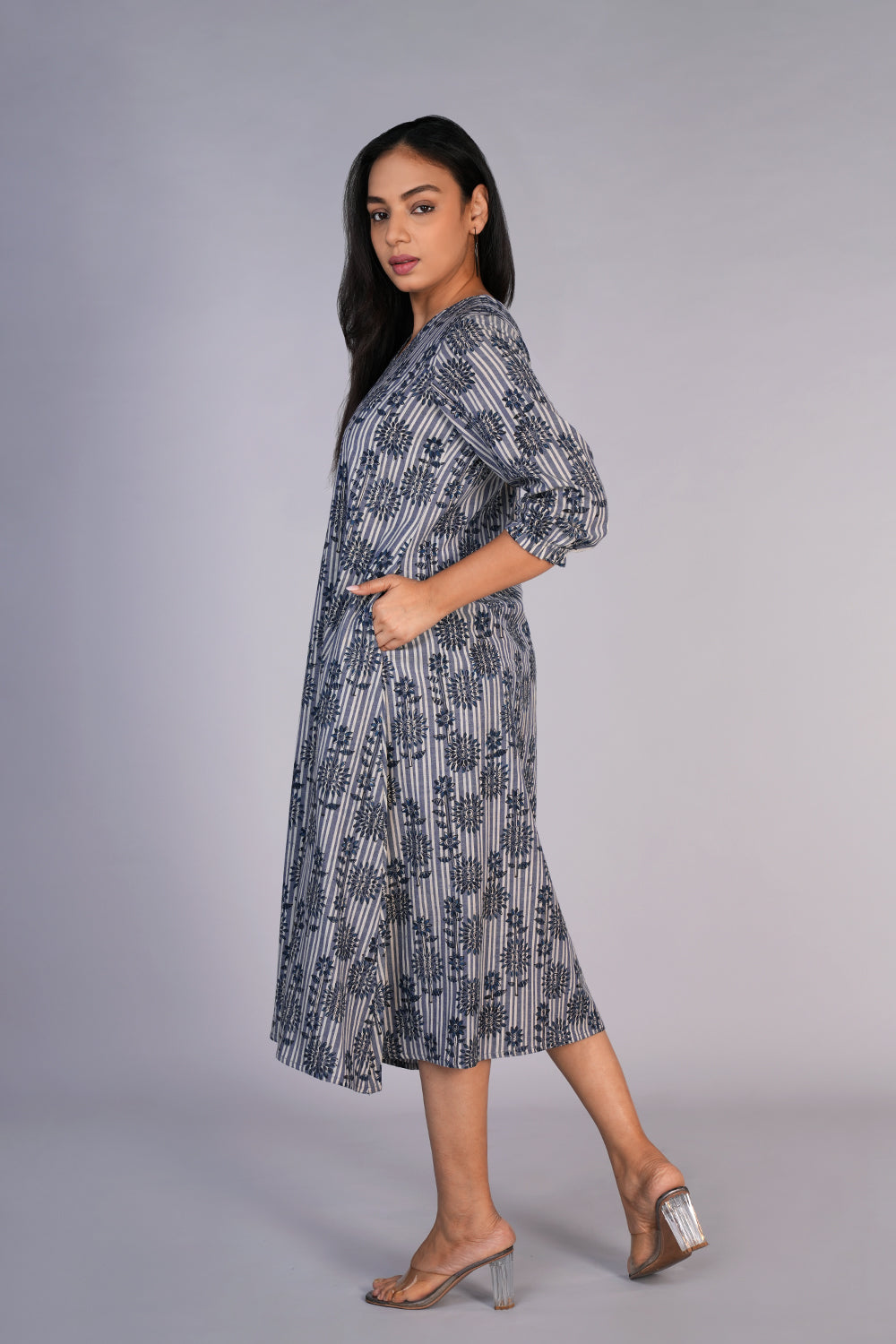 Grey Blue Kalamkari handblock printed dress