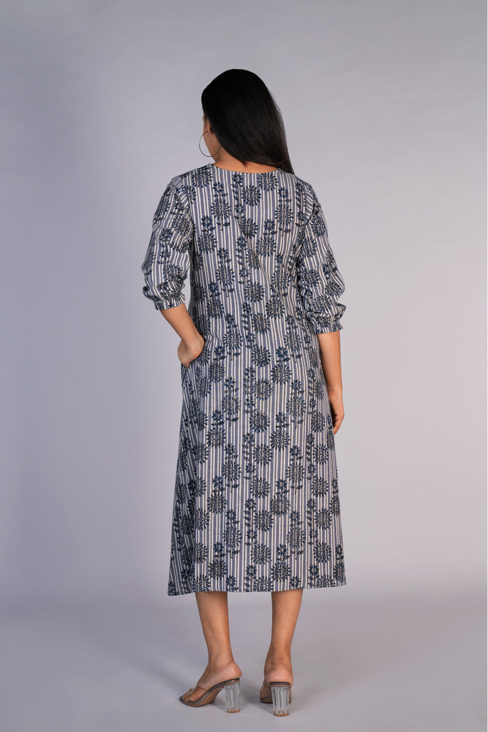 Grey Blue Kalamkari handblock printed dress