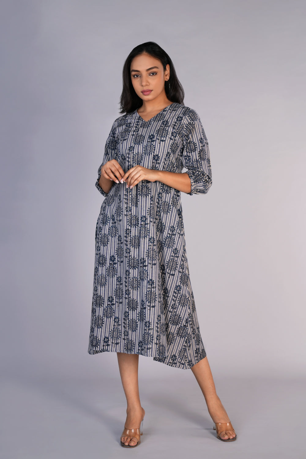 Grey Blue Kalamkari handblock printed dress