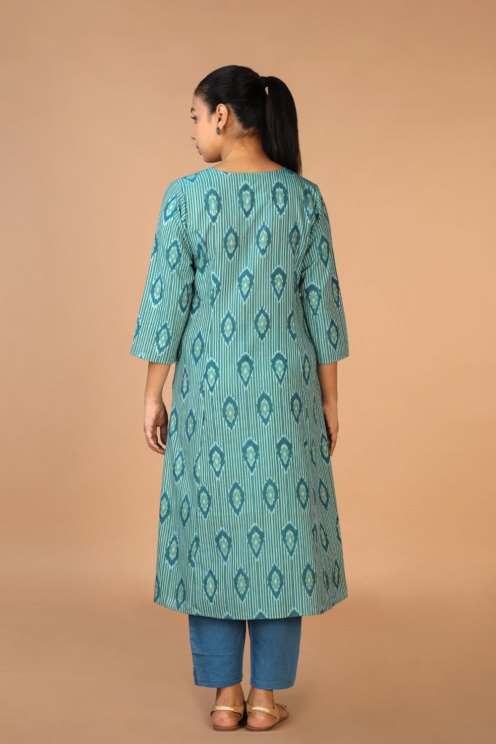 Image of Pine Green Handwoven Cotton Pochampally Ikat Kurti