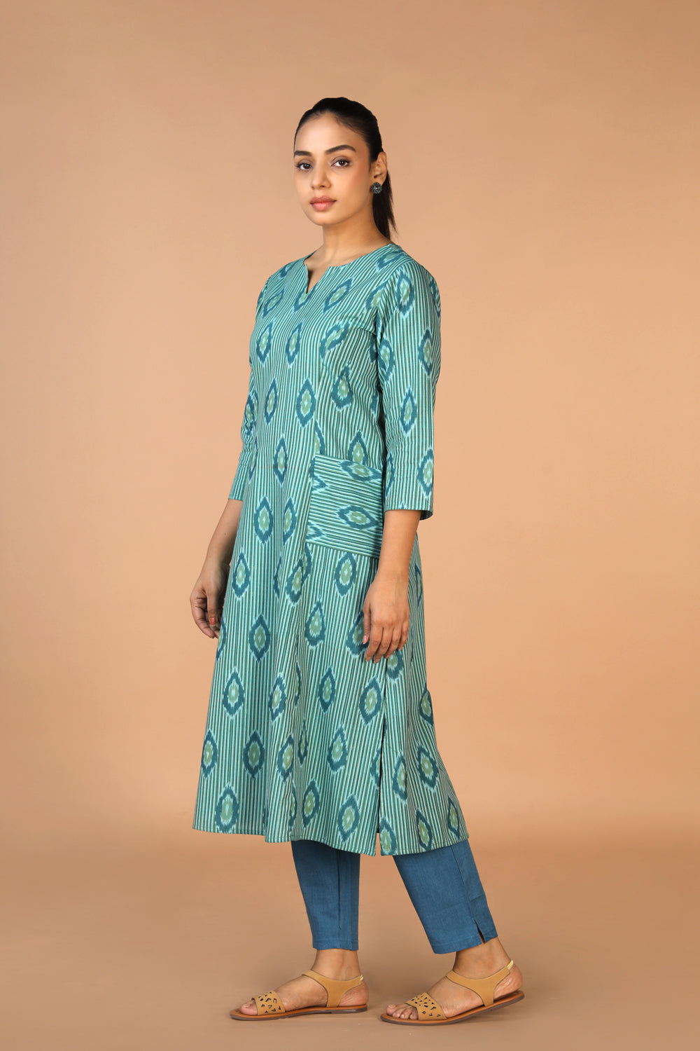 Image of Pine Green Handwoven Cotton Pochampally Ikat Kurti